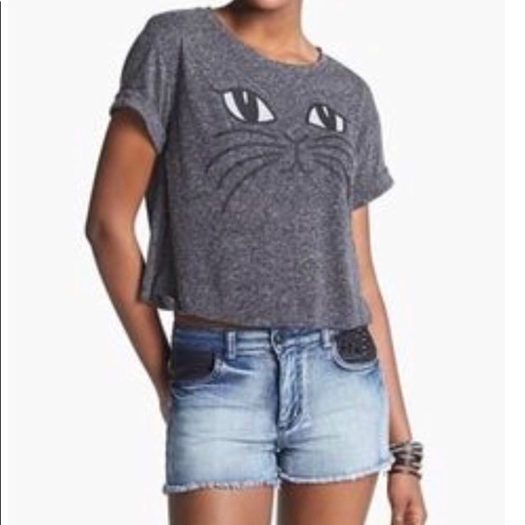 Lush Tops - Lush, gray, Simone’s Cat crop top with cat face.